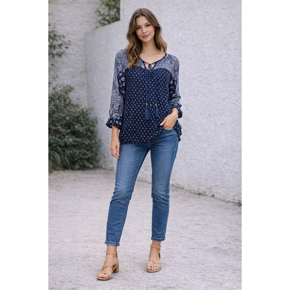 Angie Navy Blue Paisley Boho‎ Peasant Top Small Tassel Tie Blouse